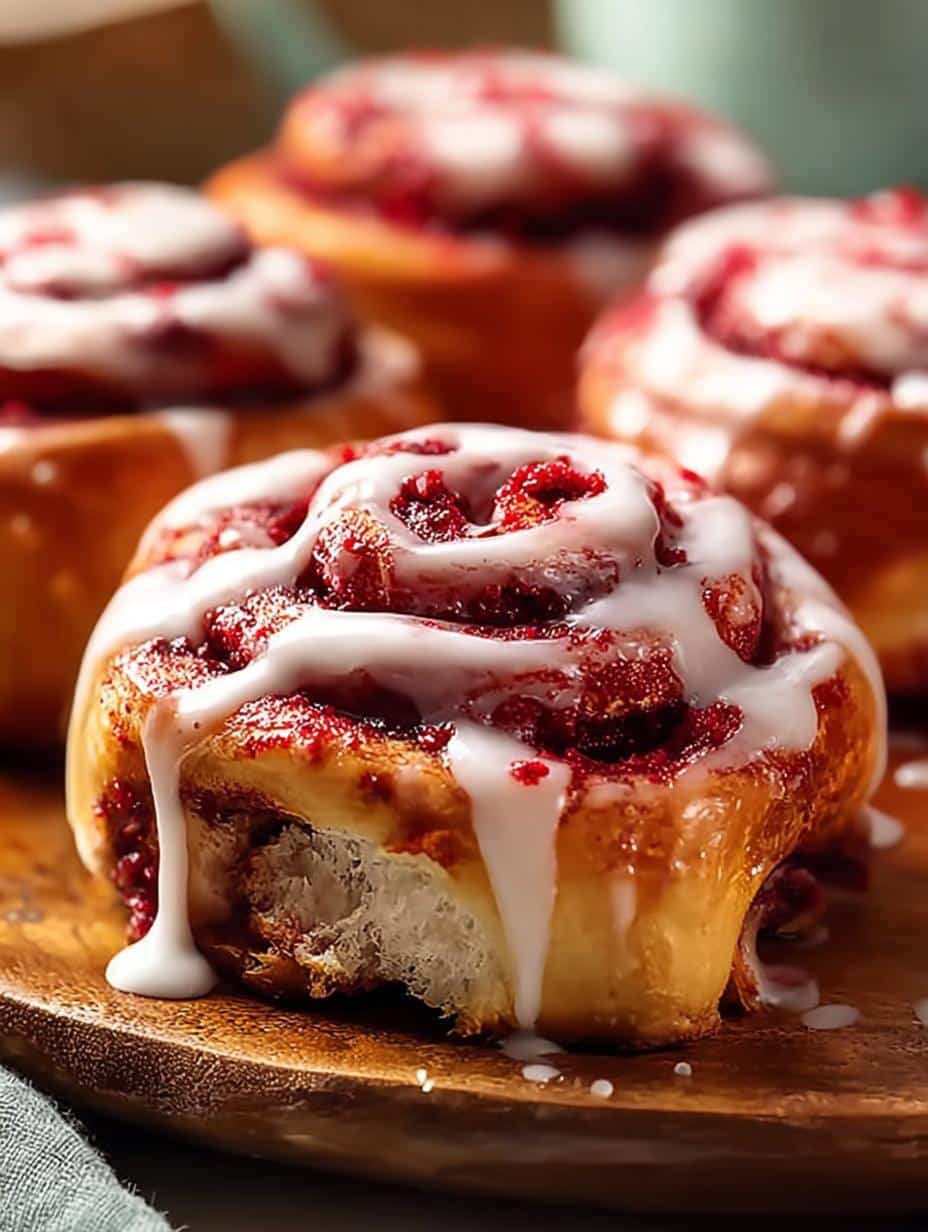 Close-up of freshly baked Red Velvet Cinnamon Rolls with melted cream cheese frosting