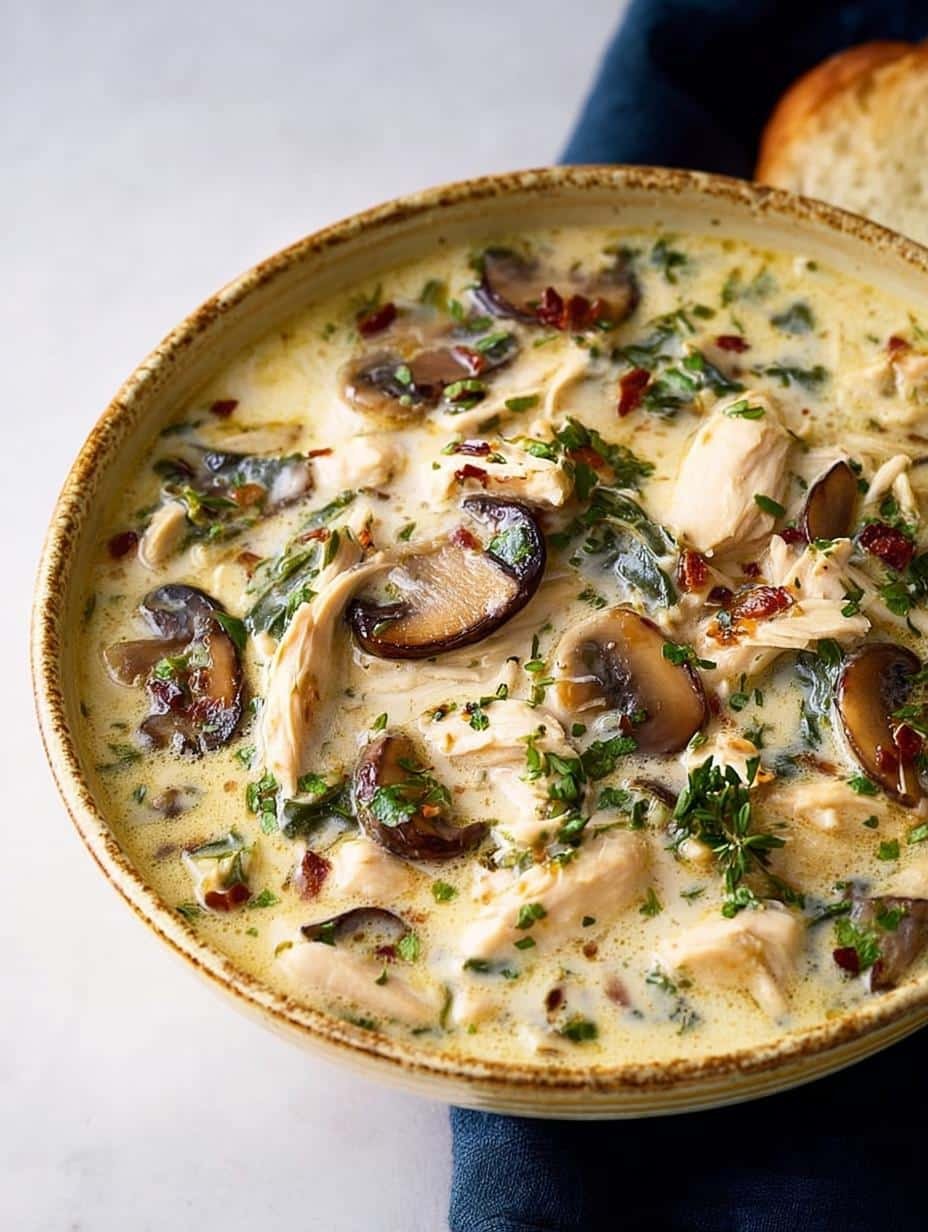 Delicious Rotisserie Chicken Mushroom Soup in a white bowl with fresh herbs, showcasing its creamy texture and rich ingredients