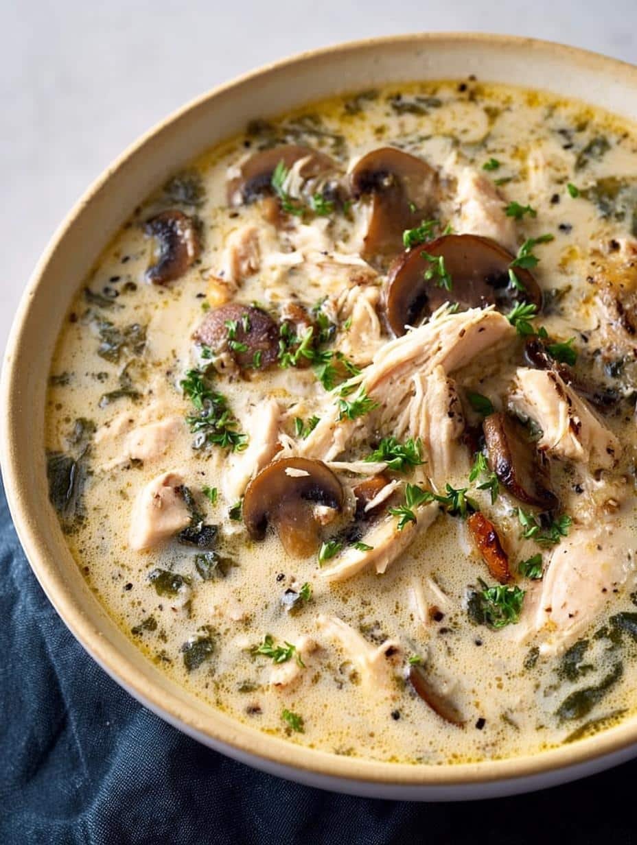 Close-up of Rotisserie Chicken Mushroom Soup garnished with fresh parsley, showing tender chicken pieces and sliced mushrooms