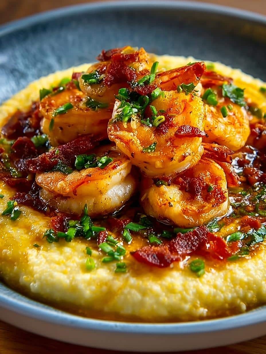Close-up of a bowl of Shrimp Grits, showcasing the rich, cheesy grits and succulent shrimp