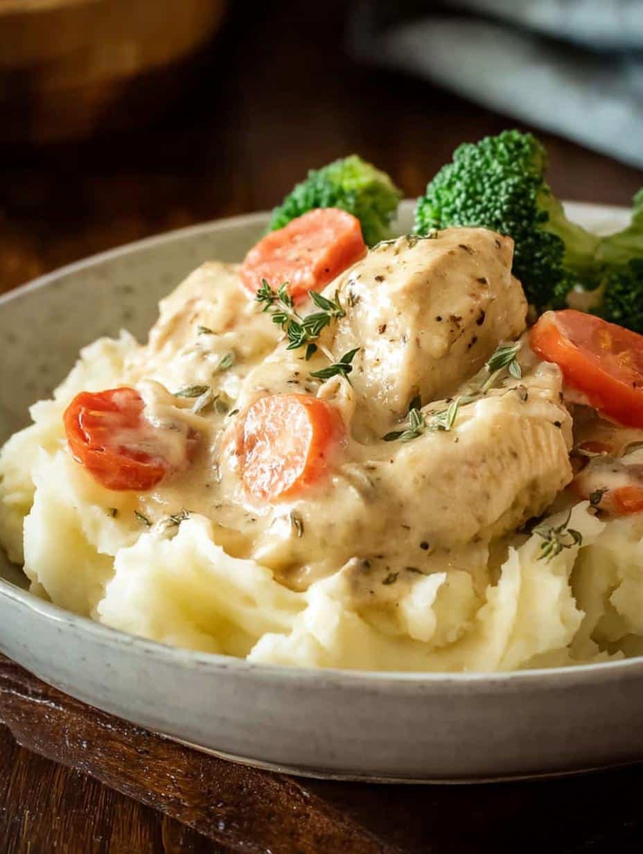 Delicious Slow Cooker Creamy Chicken served over mashed potatoes, ready to eat