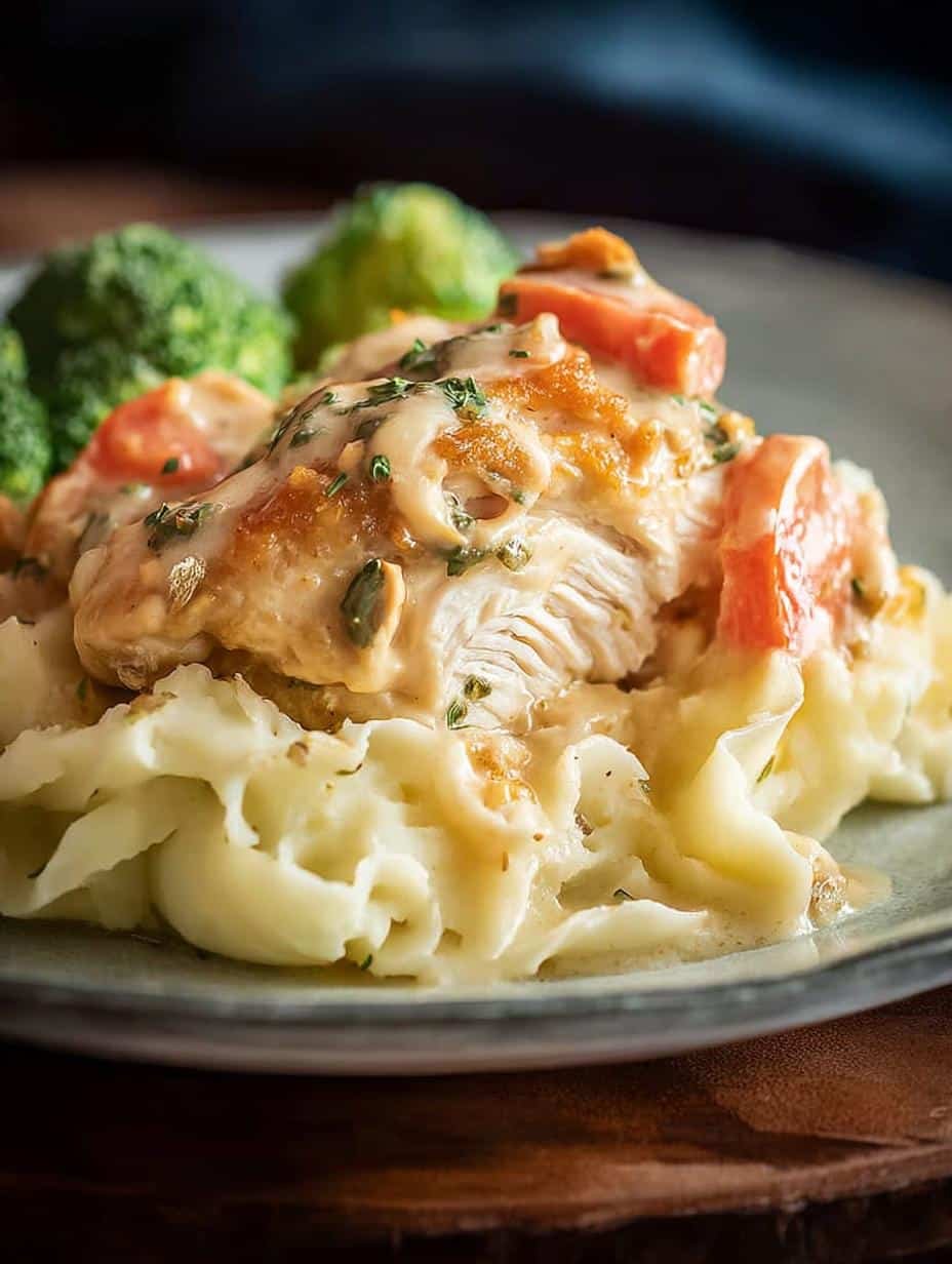 Close-up of creamy slow cooker chicken with herbs, ready to be served