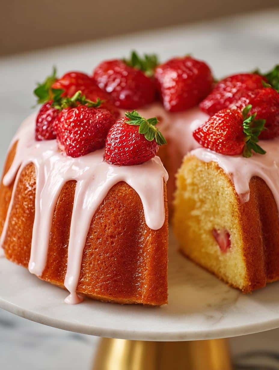 Delicious Strawberry Pound Cake with fresh glaze on a white platter, ready to serve