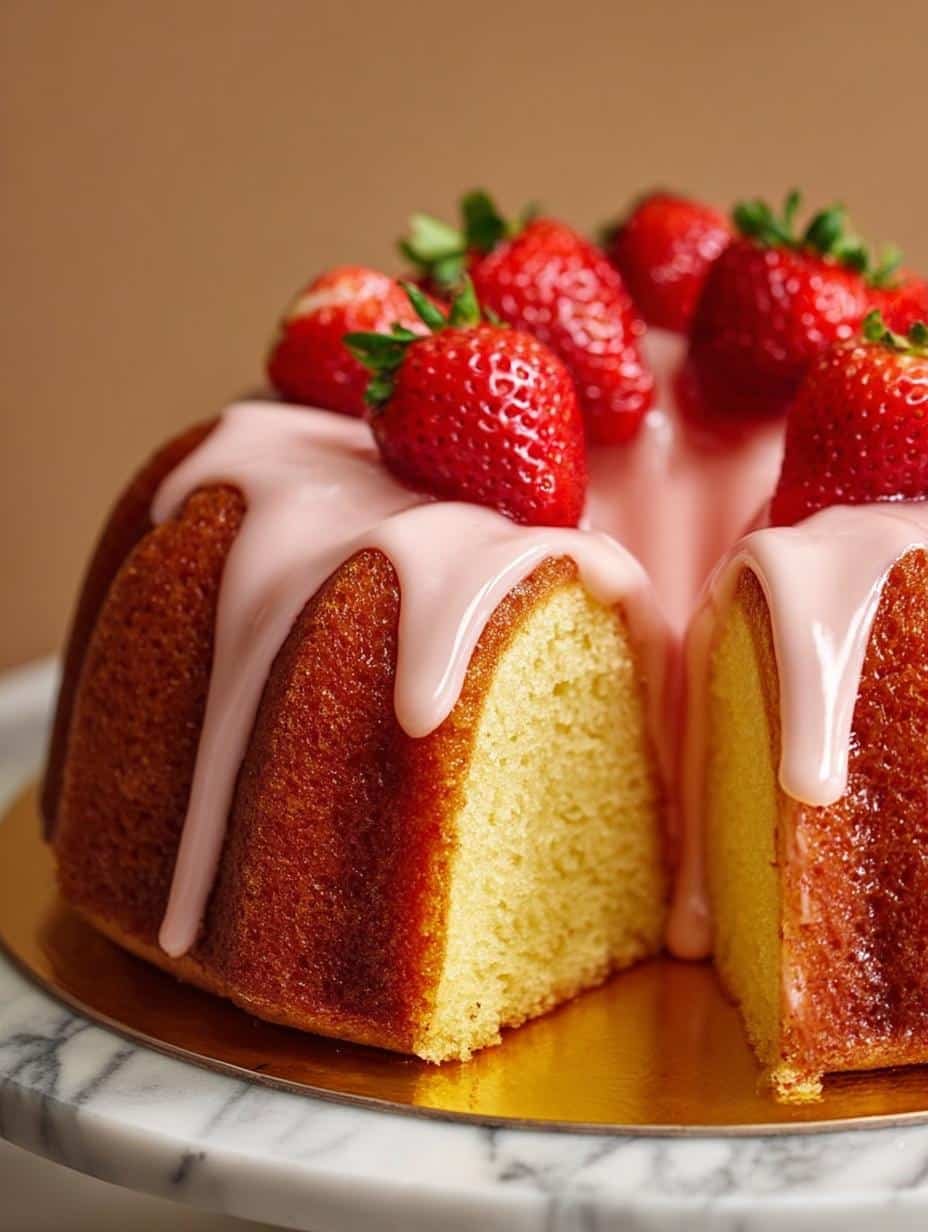 Slice of Strawberry Pound Cake with fresh glaze and a side of strawberries