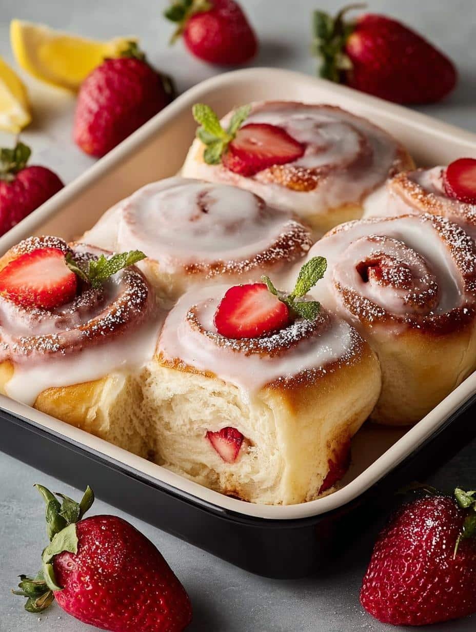 A tray of golden-brown Strawberry Rolls with Lemon, generously topped with a creamy lemon glaze, fresh from the oven.