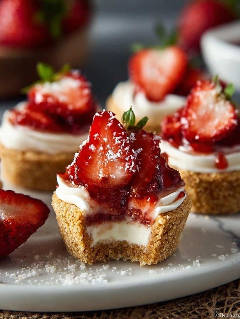Close-up of Strawberry Shortcake Cookie Cups showing texture and strawberry garnish