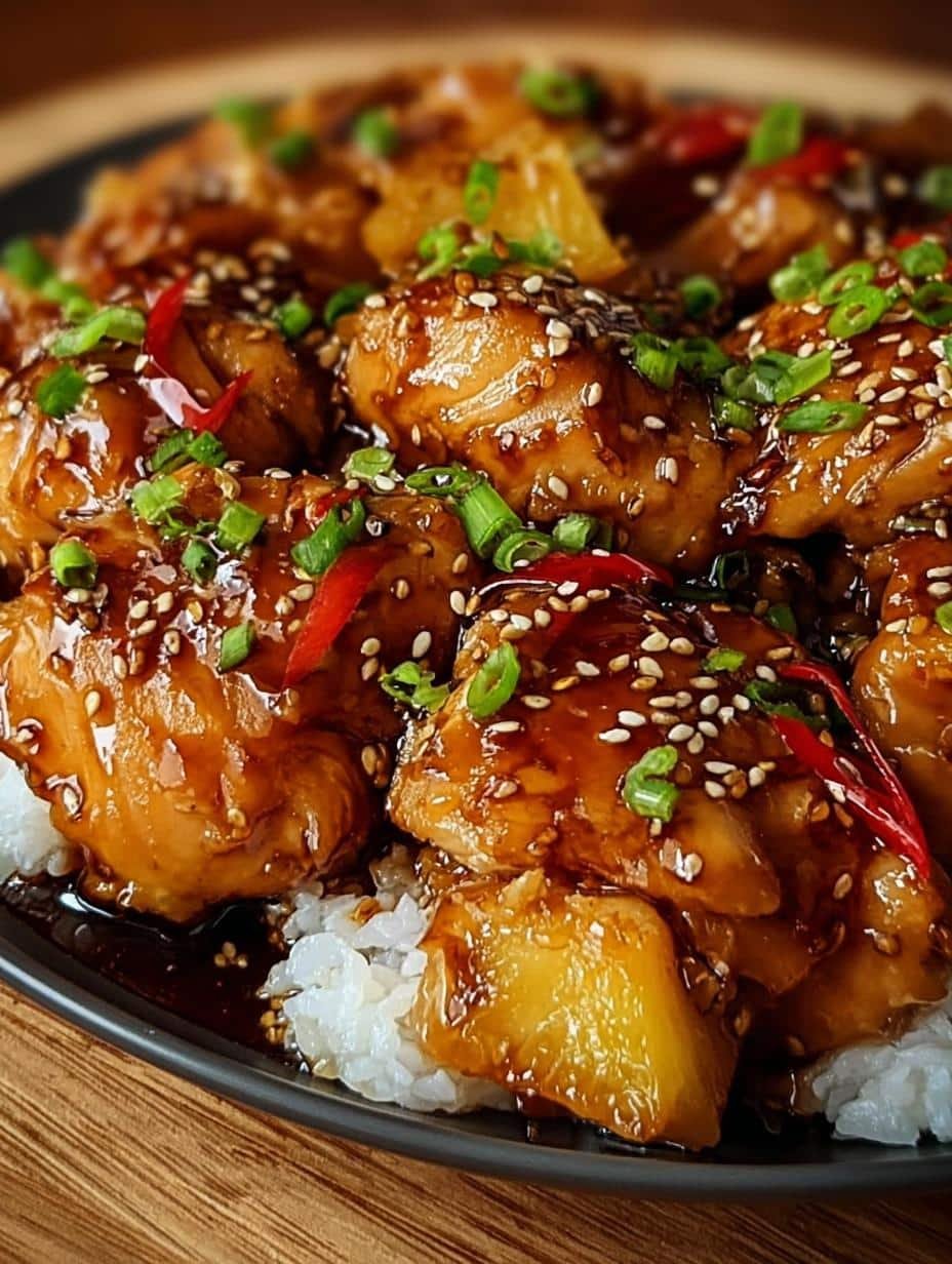 Close-up of Sweet Hawaiian Crockpot Chicken in a slow cooker, showing tender chicken pieces coated in a glossy, sweet and savory sauce.