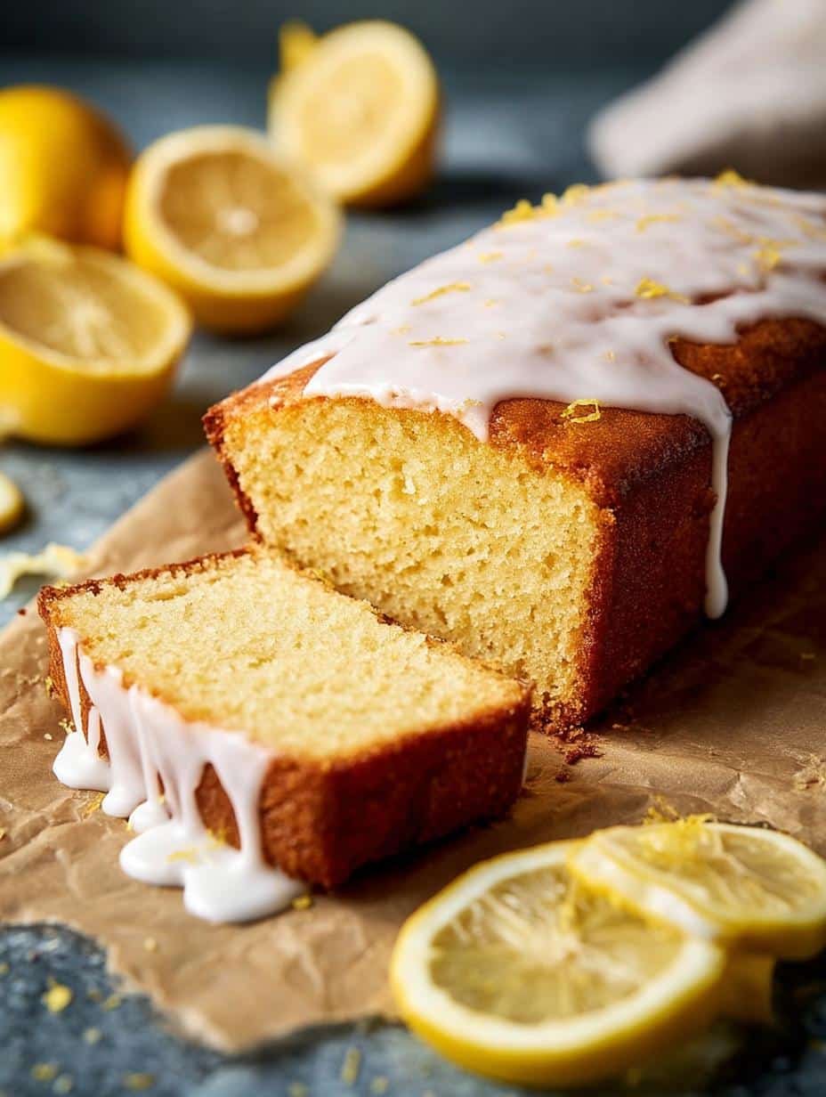 Slice of Vegan Lemon Loaf Cake on a plate, showing its moist texture and lemon zest