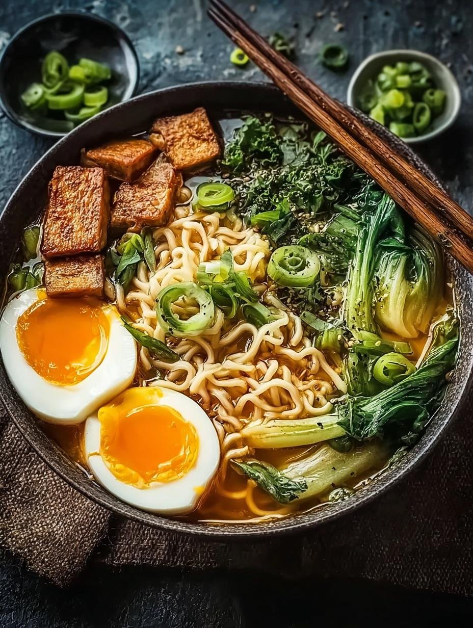 Close-up of Vegan Ramen Noodles with chopsticks, showing texture and fresh ingredients