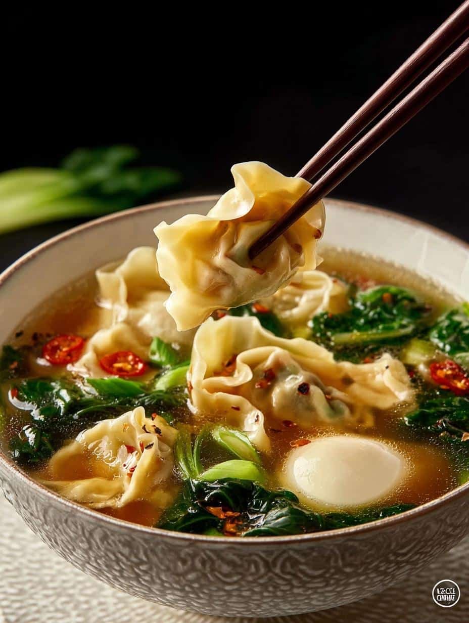 Delicious Wonton Soup with Shiitake in a white bowl, garnished with green onions, ready to be enjoyed
