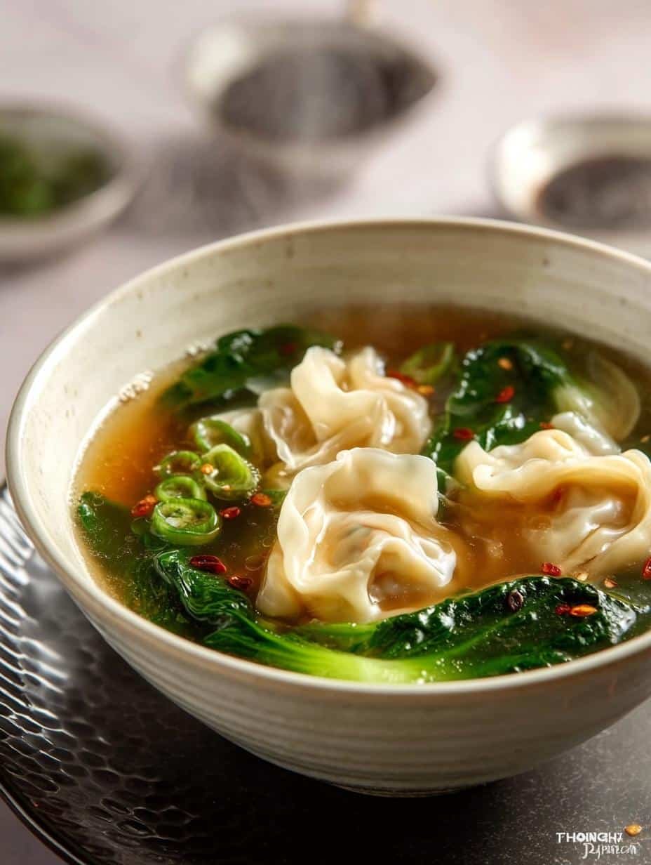 Close-up of Wonton Soup with Shiitake, showing tender wontons and vibrant bok choy in a rich broth