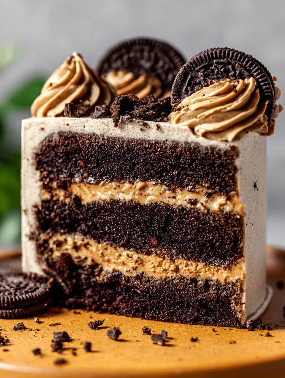 Delicious Oreo Peanut Butter Cake with chocolate layers and creamy frosting, garnished with whole Oreos