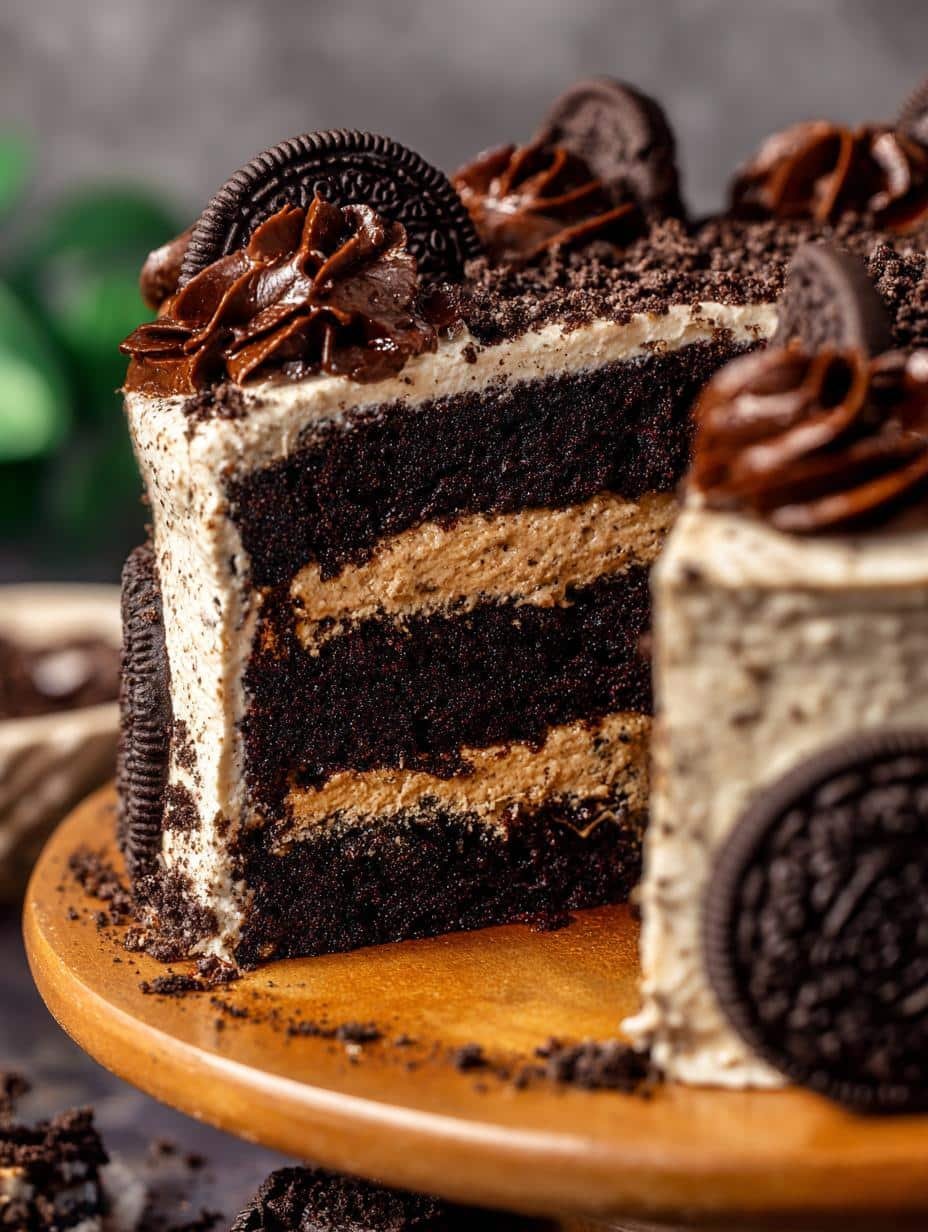 Slice of Oreo Peanut Butter Cake showing rich chocolate layers, peanut butter frosting, and Oreo pieces